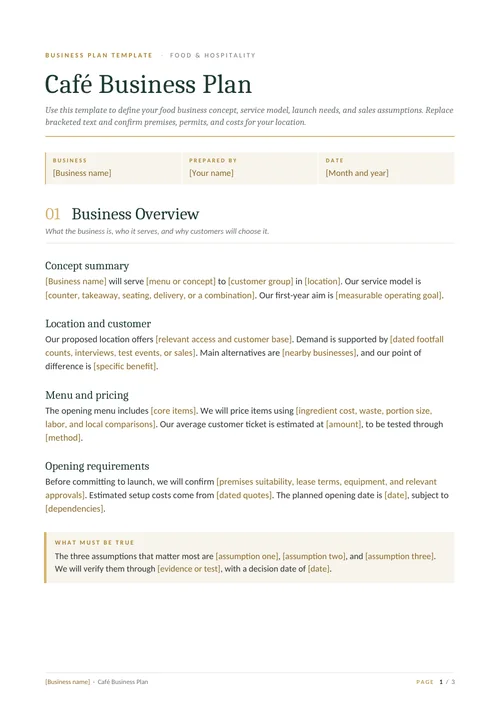 First page of the Café & food business template
