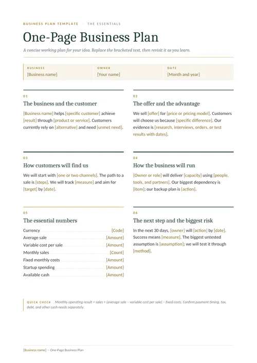 First page of the One-page plan template