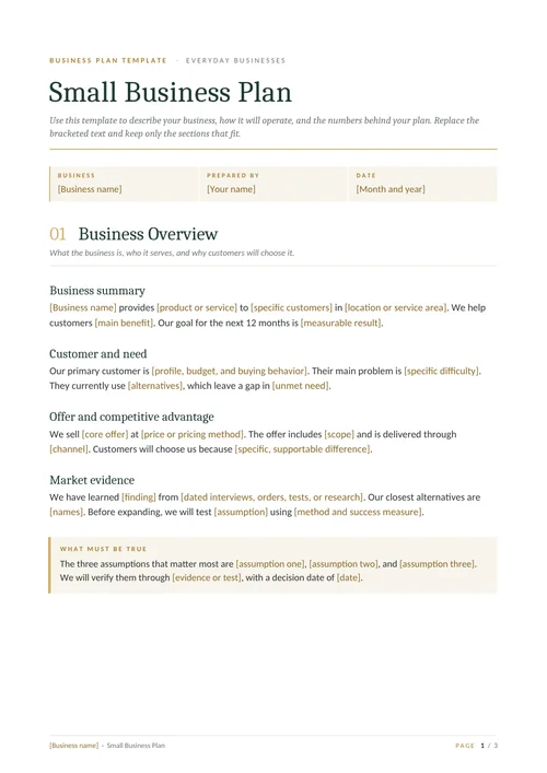 First page of the Small business template