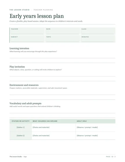First page of The early years lesson